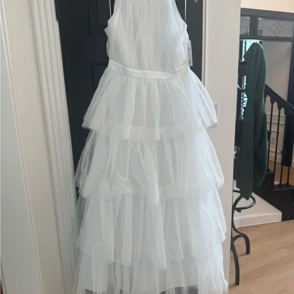 Aura Shock & Awe White Sleeveless Ruffled Tiered Tulle Maxi Dress NWT - Picture 3 of 7